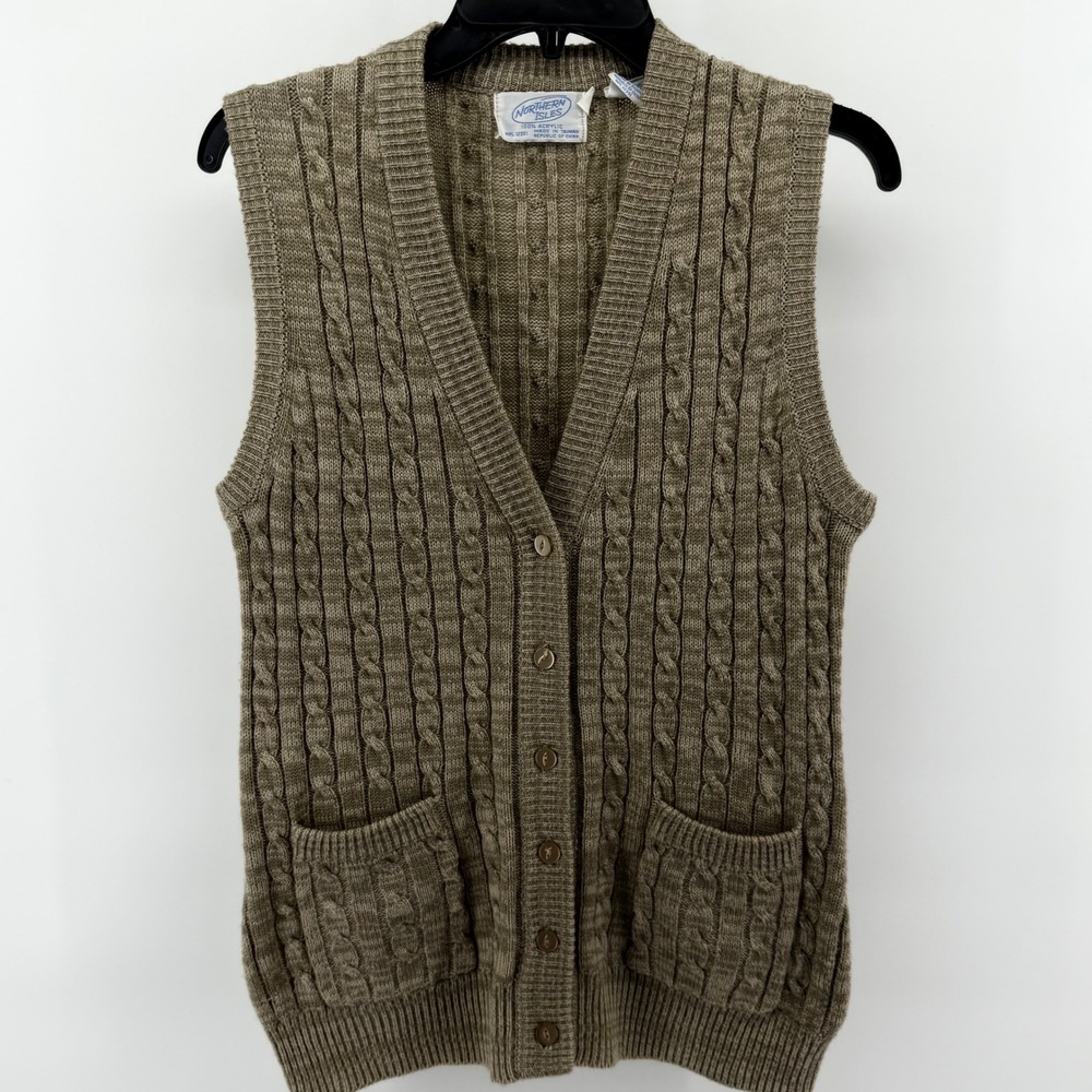 Northern Isles Vintage Cable Knit Sweater Vest Brown Acrylic Pockets Size 38 Med